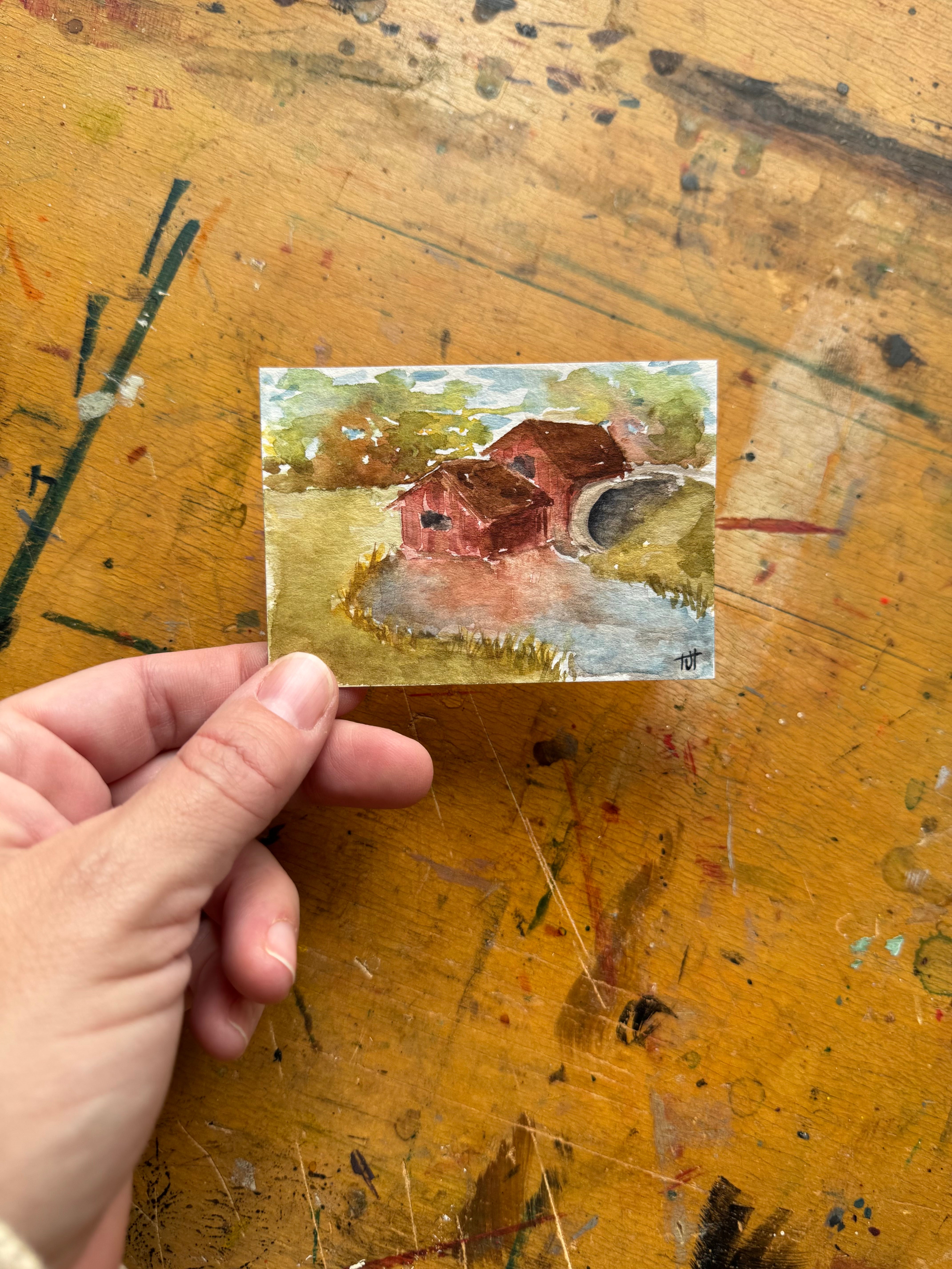 Mini Watercolor Painting - Red Barn
